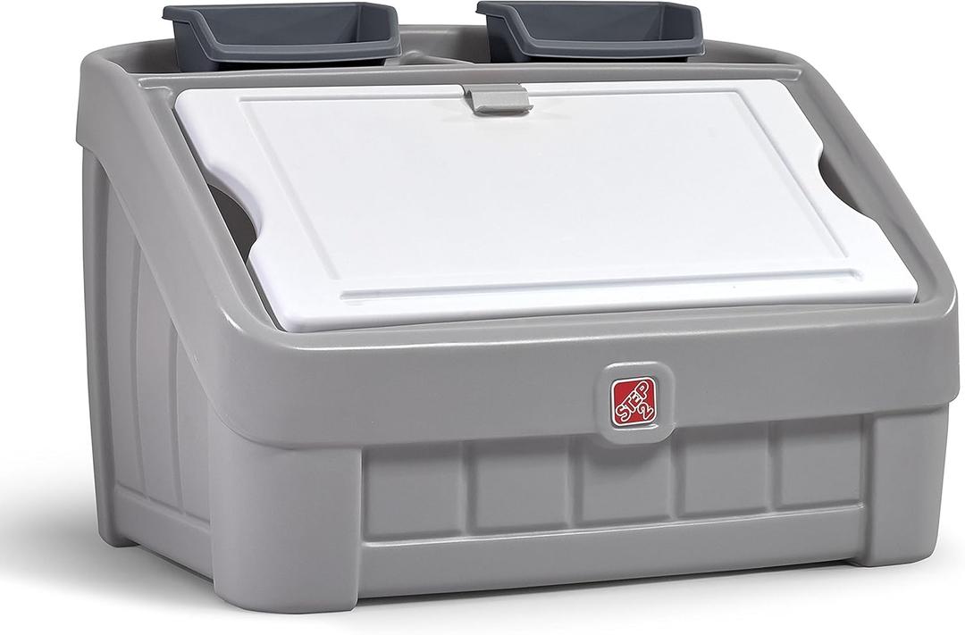 Step2 2-in-1 Toy Box & Art Lid, Kids Toy Storage Bin & Organizer, Easel & Chest in One, Made of Durable Plastic, For Toddlers 2+ Years Old, Gray