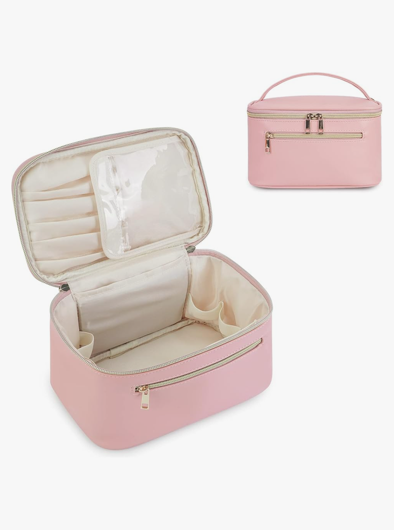 Wandering Nature Makeup Bag, Travel Make Up Organizer Cosmetic Brush Bags Case for Women in Vegan Leather, Pink, Patent Pending
