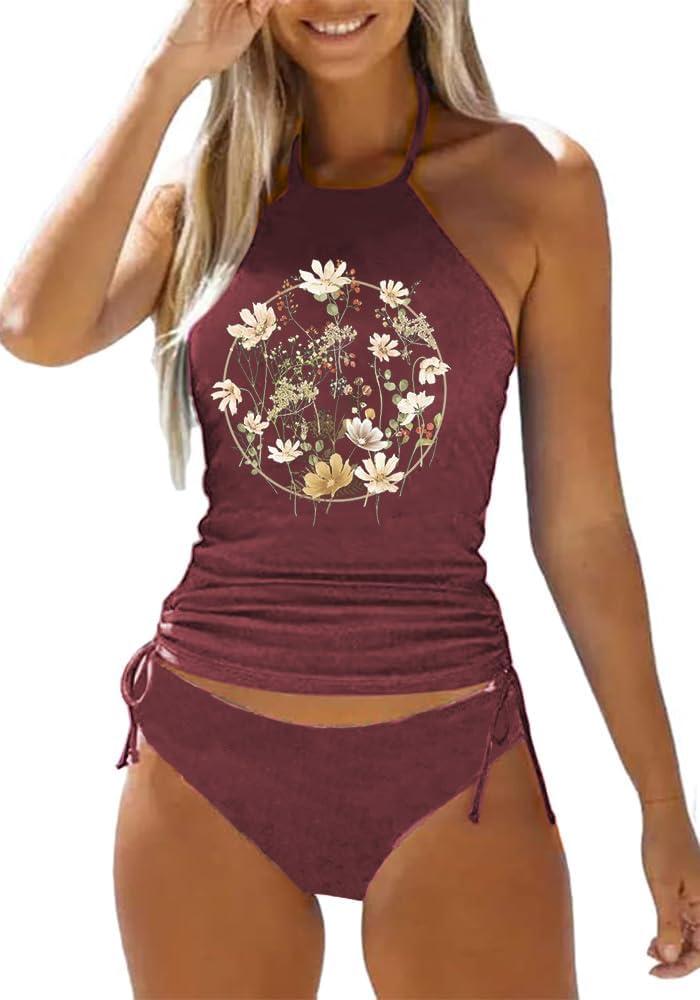 Womens Two-Piece Tankini Set Cow Skull with Leopard Print Sets Swimwear Tankini Top Sets Swimwear S