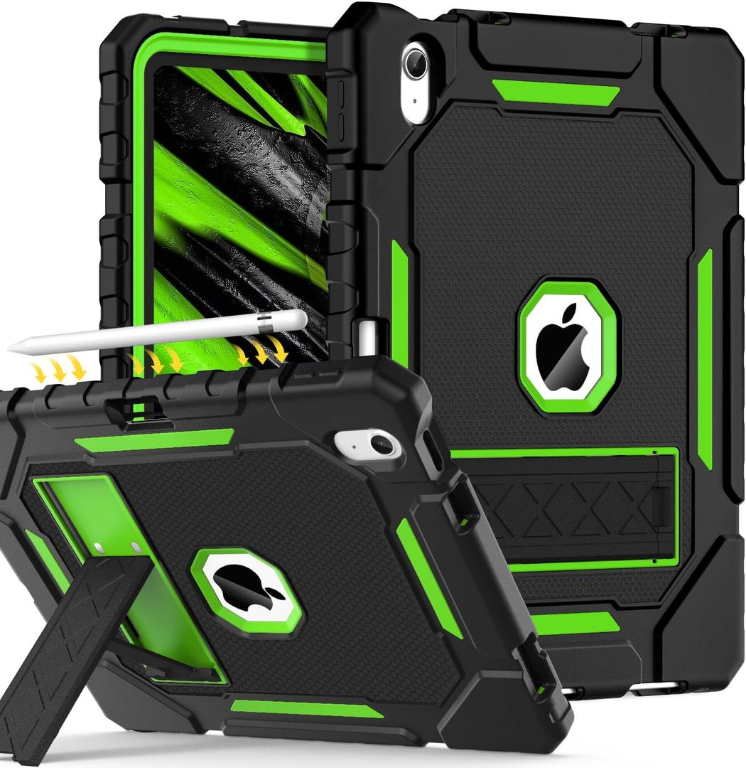 Grifobes for iPad A16 Case 11th Generation 11 inch 2025 / iPad 10th Generation Case 10.9 inch 2022, Heavy Duty Military Grade Shockproof Cover with Pencil Holder for i Pad 11/10 (Black+Green) (for iPad A16 11" / iPad 10th Generation 10.9)