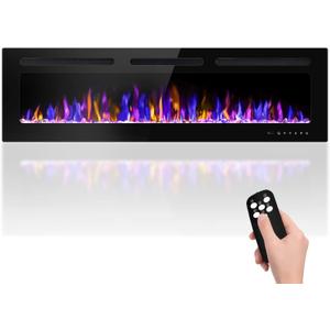 68" Electric Fireplace Wall Mounted and Recessed with Remote Control, 750/1500W Ultra-Thin Wall Fireplace Heater W/Timer Adjustable Flame Color and Brightness, Log Set & Crystal Options