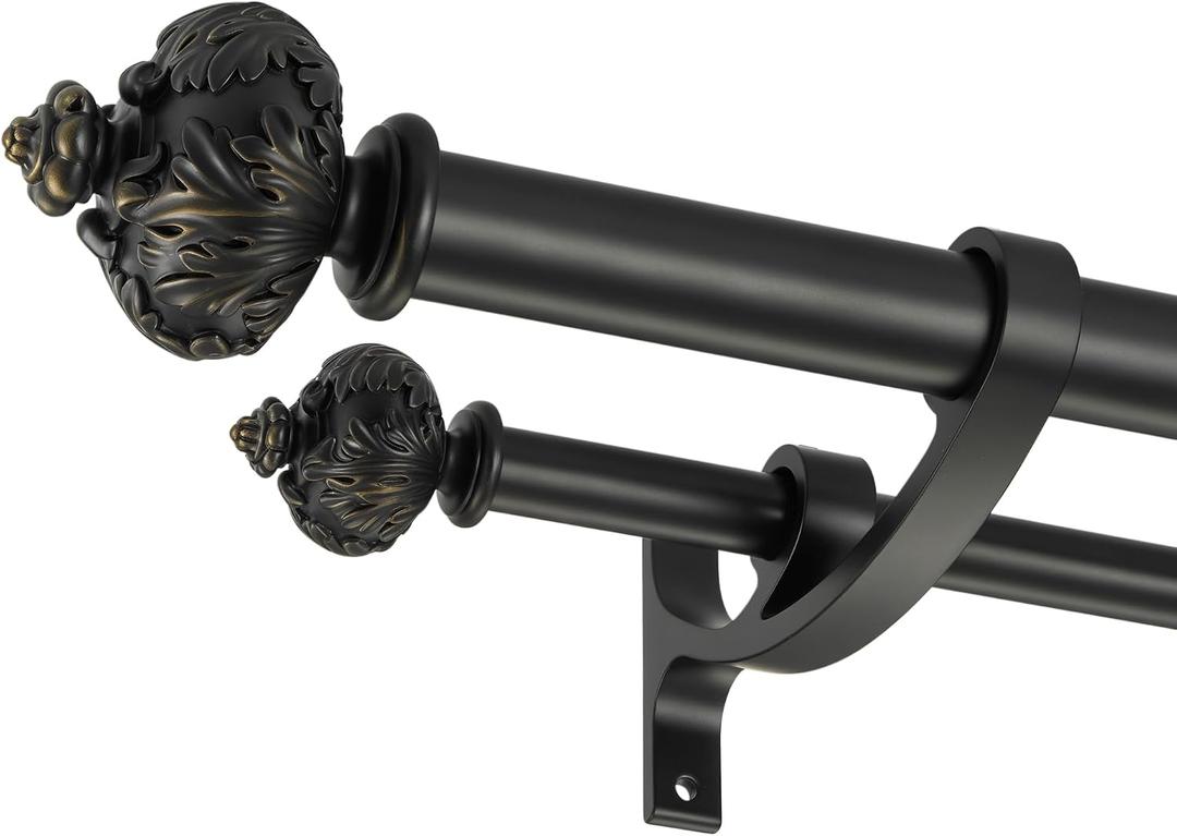 Heavy Duty Double Curtain Rod with Palm Leaves Finials and Aluminum Bouquet Brackets,Double Curtain Rods for Windows 36 to 72 Inches,1 Inch Front, 5/8 Inch Back Adjustable Double Rods,Black