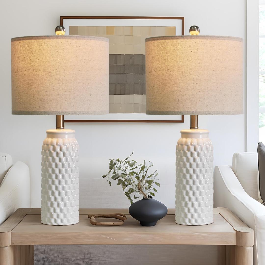 24" Modern Ceramic White Bedside Lamp Set of 2 Table Lamp for Bedroom Decor Farmhouse Table Lamp for Living Room Office Dorm