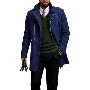 Runcati Mens Trench Coat Notch Lapel Zip Up Overcoat Casual Winter Long Business Pea Coat, Size XXL