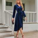Women's Velvet V Neck Puff Sleeve Dress for Wedding Guest Cocktail Elegant Bodycon Party Midi Dress (Blue, S)