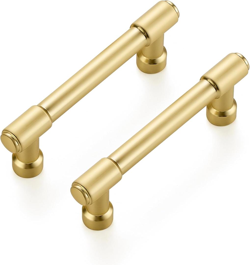 Ravinte 2 Pack 3 Inch Hole Center Solid Kitchen Cabinet Handles Brushed Gold Dresser Pulls Cabinet Drawer Pulls for Kitchen Cupboard Hardware