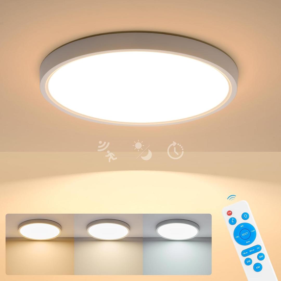 11.8 Inch Motion Sensor Ceiling Light with Remote, 24W Wired Flush Mount Light Fixture, 3000K/4000K/6000K 2400LM Motion Sensor Lamp Indoor for Closet Hallway Laundry Pantry (White)