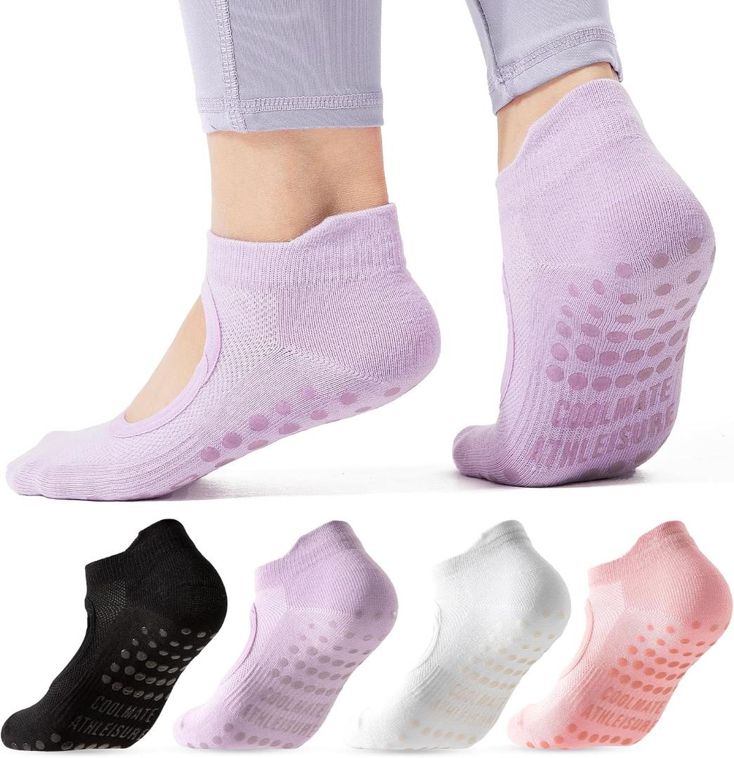 CoolMate Pilates Socks with Grips for Women, Yoga Socks, Crew Non Slip Women for Barre, Pilates Gifts (6-10, A-01. 4 Pairs Open Top Pink/White/Light Purple/Black)