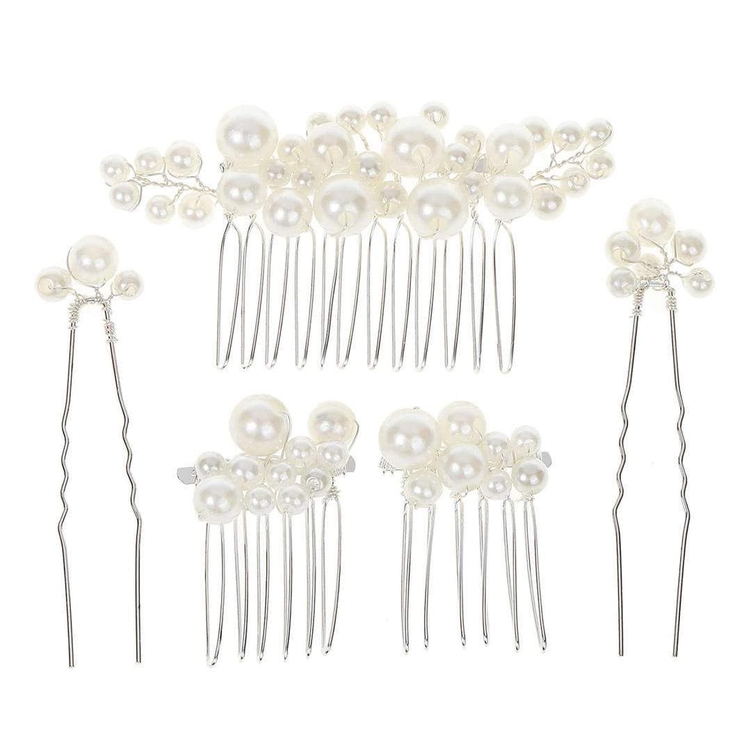 Pearl Hair Combs and Hair Pins for Bridal Women, Decorative Hair Accessories for Wedding Prom, Set of 5 (Silver)
