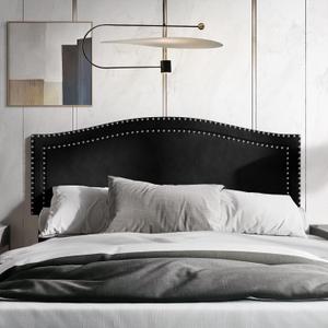 Curved Velvet Upholstered Headboard with Chrome Nailhead Trim, Black Full