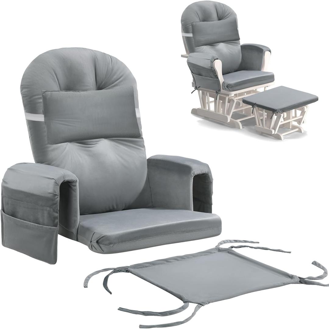 MABOZOO 6 PCS Glider Rocker Replacement Cushions with Storage Side Pocket,Foam & Microfiber Filling, Non-Slip & Washable, Thickened & Supportive Velvet Rocking Chair Cushion Set(Gray) (Grey)