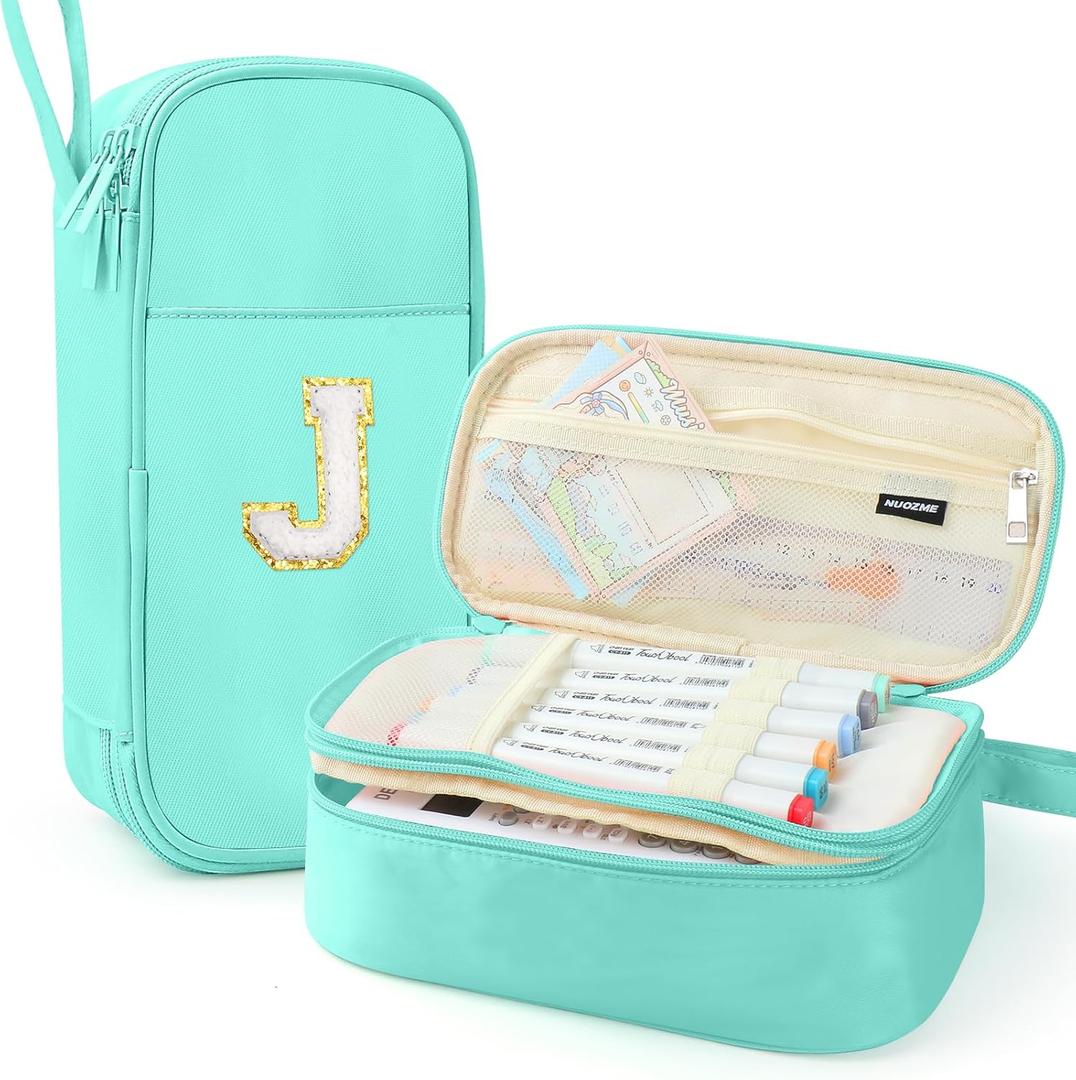 Large Pencil Case,Big Capacity Pencil Pouch,Personalized Initial Pencil Bag with smooth zipper,Multiple Pockets,Cute Aesthetic Stationery Pen Case Bag for Teen Girls College (Mint Green, J)