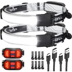 LED Headlamp Flashlight, 1000L 230 Broadbeam Headlight, USB C Rechargeable Head Lamp with Red Taillight, Lightweight Waterproof Headlamps for Camping Running Hiking, Hard Hat Headlamp 2Pack