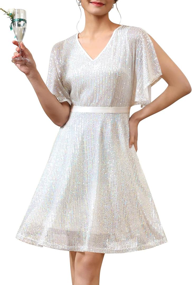 Wedtrend Women's Sparkly Sequin Dress Bat Sleeves Cocktail Dress Glitter Club Dress (White, XS)