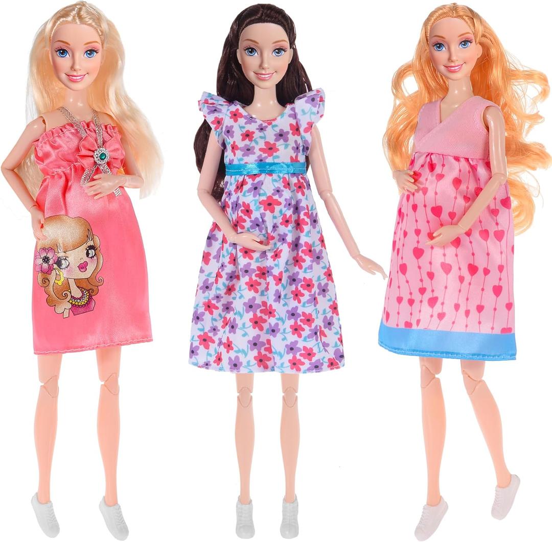 dollbie 3-Pack 11.5 inch Pregnant Dolls with Interchangeable Pregnant and Normal Bellies - Includes 3 Dolls, 3 Dresses, 3 Babies (Set-2)