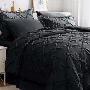JOLLYVOGUE Black Twin Size Comforter Sets 5 Pieces, Pintuck Bed in a Bag Comforter Set for Bedroom, Bedding Comforter Sets with Comforter, Sheets,Ruffled Shams & Pillowcases (Twin(68"x 88"))