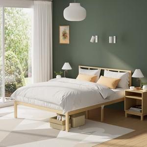 Bamboo Bed Frame Queen Size with Headboard Platform Bedframe Solid Stablewith Non-Slip Slats Support Tall Bed No Box Spring Needed Heavy Duty Easy Assembly Noise Free, Nature