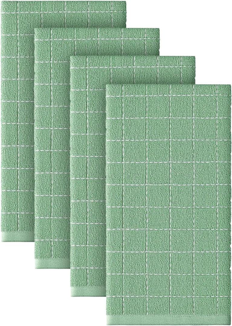 Artoid Mode Checkered Designed Cotton Light Green Terry Kitchen Dish Towels, 15x25 Inch Soft Absorbent Quick Drying Cleaning Tea Towels Set of 4