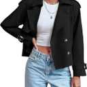 ebossy Women's Double Breasted Short Duster Trench Coat Lapel Loose Windproof Cropped Jacket Coat with Pockets, XL