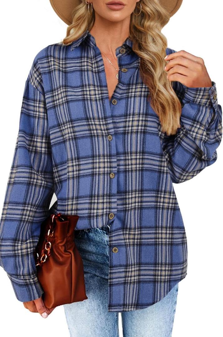 Womens Long Sleeve Plaid Shirts Flannel Collared Button Down Shackets Casual Rolled Up Boyfriend Blouses Top (X-Large, Blue)