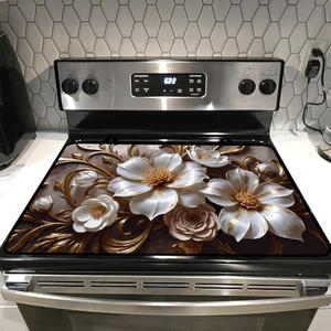 Glass stove top cover 28"x 20", Stove Top Covers for Electric Stove, Flat Range Mat for Glass Cooktop, Kitchen Heat-Resistant Protector Non-Slip Drying Mat (Golden Flowers)