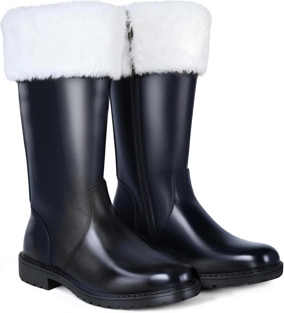 Men's Black Santa Claus Boots-Premium Faux Leather Wide Calf Santa Combat Shoes Adult Men with Non-Slip Sole, Christmas Footwear for Halloween Parties & Cosplay (9- 9.5)