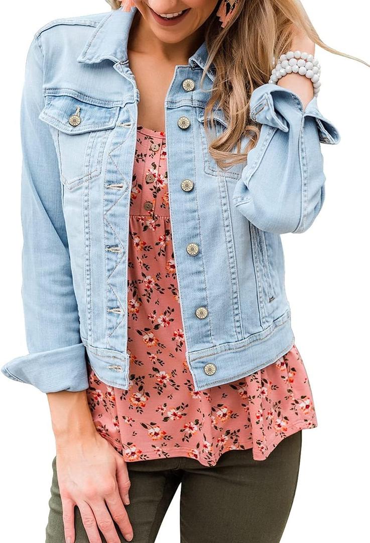 Vetinee Womens Stretch Button Down Long Sleeve Pockets Denim Jean Trucker Jacket (Blue, XXXL)