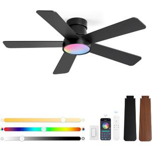42 Inch Ceiling Fans with Lights and Remote,Outdoor Indoor Modern Flush Mount Ceiling Fan with 3CCT 6-Speed Quiet DC Motor,Small Low Profile Ceiling Fan for Bedroom Living Room OfficeBlack RGB