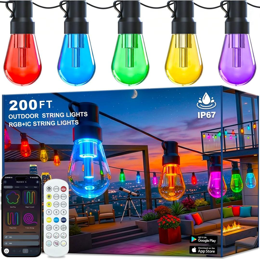 Outdoor String Lights,200FT Smart RGB+IC Patio Lights with Shatterproof LED Bulbs ,Outside Light Dimmable Patio for Decor DIY IP67 Waterproof ,Courtyard, garden,Holiday,LED lights more Scene Modes