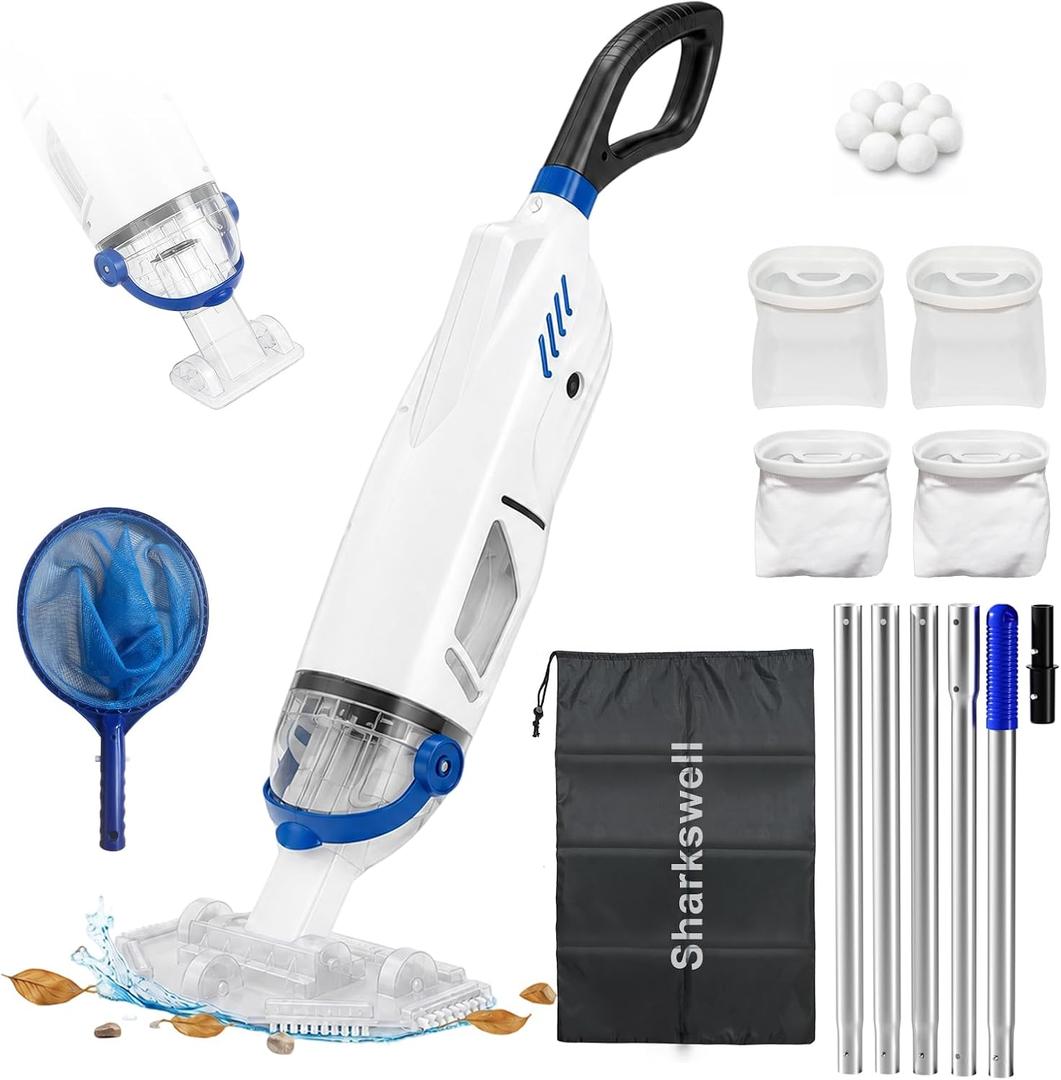 Sharkswell (2026 Upgraded) Cordless Pool Vacuum with Telescopic Pole | 60 Min Powerful Suction & Large Head, Rechargeable Handheld Cleaner for Above Ground Pools, Inground Pools, Hot Tubs, and Spa