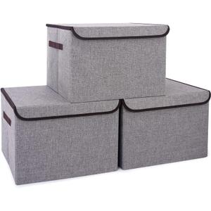 Large 17" 42 Quarts Collapsible Stackable Storage Bins with Lids [3-Pack] Foldable Fabric Linen Storage Boxes Cube, Closet Organizer Baskets with Label for Home (16.7 x 12 x 12, Gray)