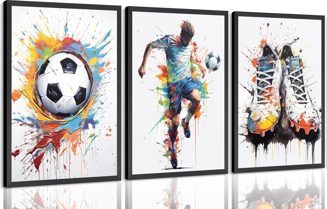 Yanertds 3Pcs Soccer Poster Wall Art Colorful Graffiti Sports Painting Picture Wall Decor Modern Football Athlete Silhouette Canvas Print Artwork for Nursery Boys' Room Bedroom Study Home Decoration (24"L x 16"W)