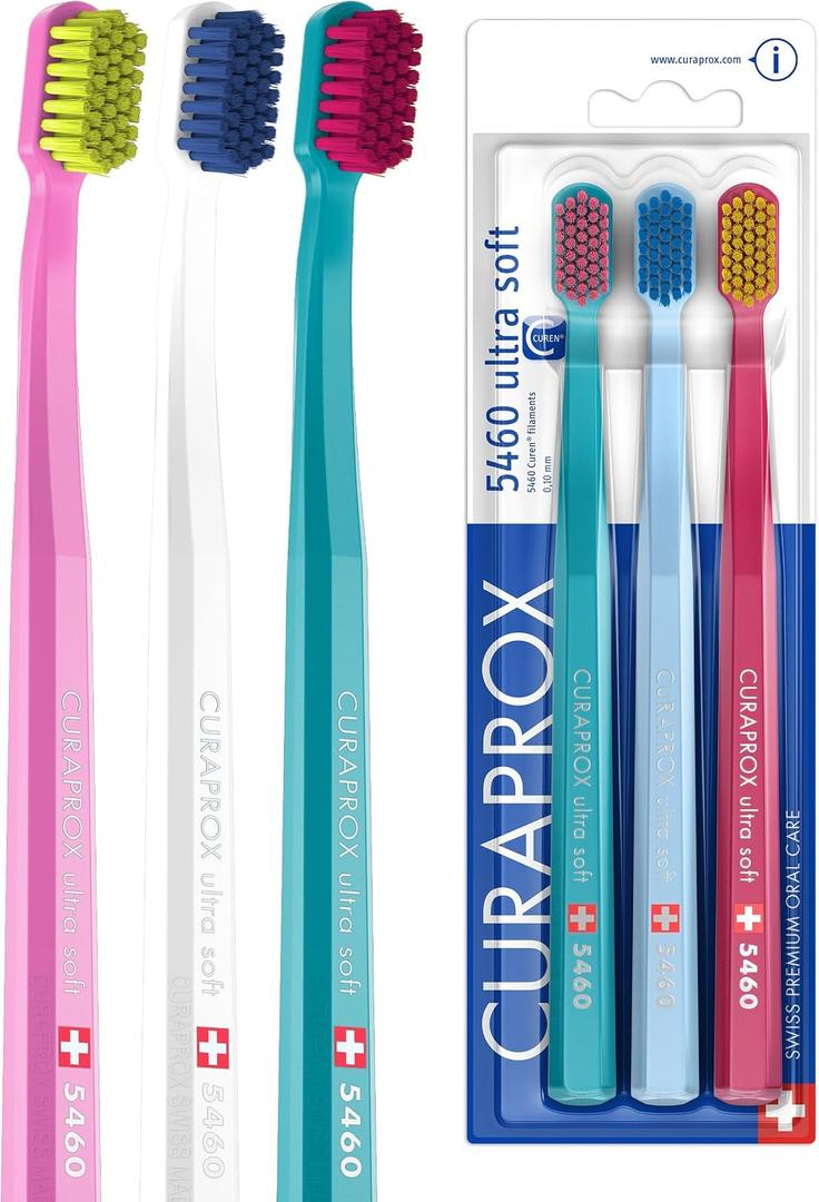 Curaprox CS 5460 Ultra-Soft Toothbrush for Sensitive Teeth & Gums | Gentle Plaque Removal | 3-Pack |Random Colour
