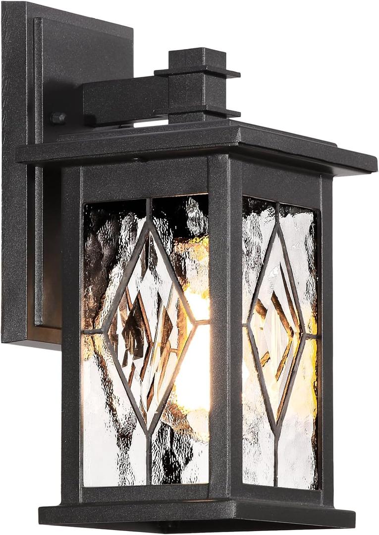 Aluminum Outdoor Wall Lights 14.5 Inch Exterior Porch Lights Wall Mount with Water Ripple Glass Black Outdoor Lighting Fixtures Wall Mount E26 Socket