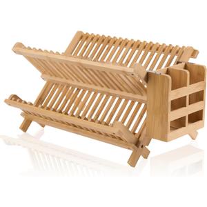 Bamboo Dish Drying Rack-2 Tier, Collapsible Small Dish Rack with Utensil Holder, Wooden Drying Rack for Kitchen Counter, Apartment Essentials Kitchen Plate Holder Organization 34 pcs Grid
