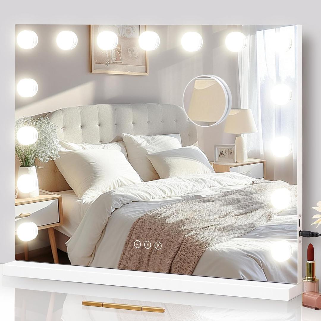 NUSVAN Vanity Mirror with Lights Lighted Makeup Mirror with 15 Dimmable LED Bulbs, 3 Color Lighting Modes, USB Charging Port Touch Control, Sturdy Metal Frame Design 22.8x18 Inch, White