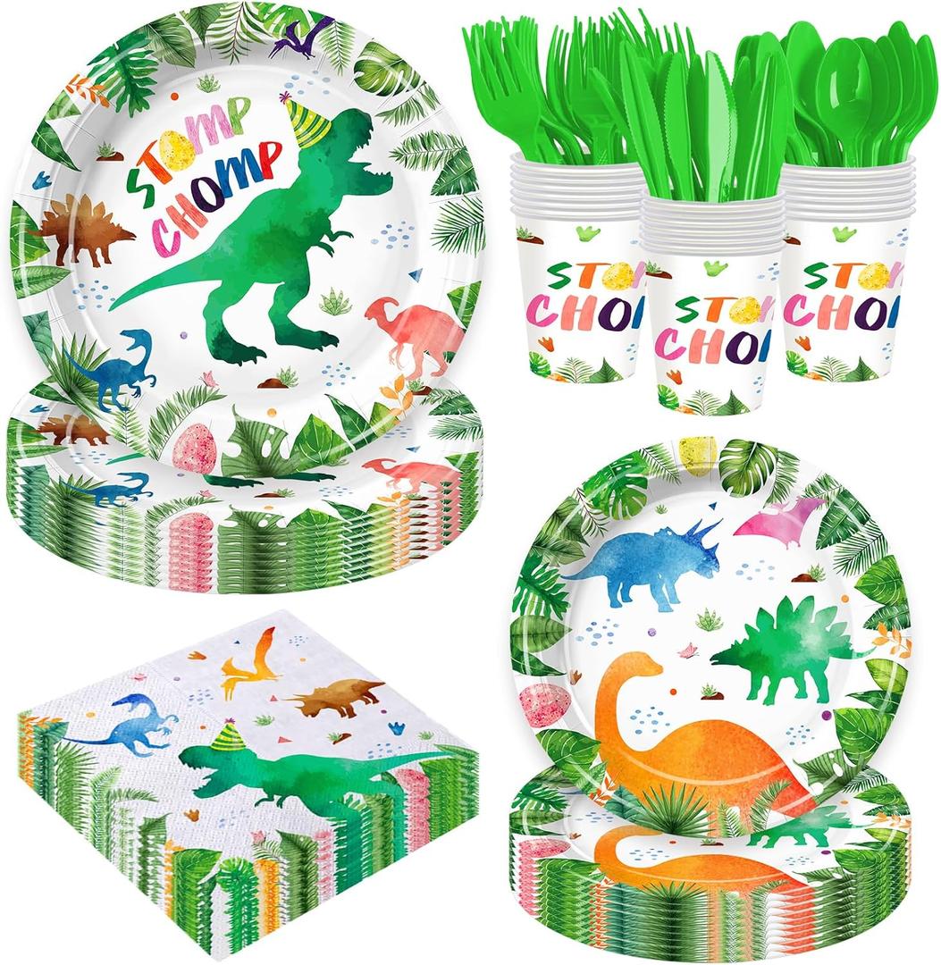 168PCS Watercolor Dinosaur Birthday Party Supplies Dinosaur Theme Birthday Party Decoration Includes Paper Plates Cups Napkins Knives Forks Spoons Tableware for Boys Girls Serves 24 Guests