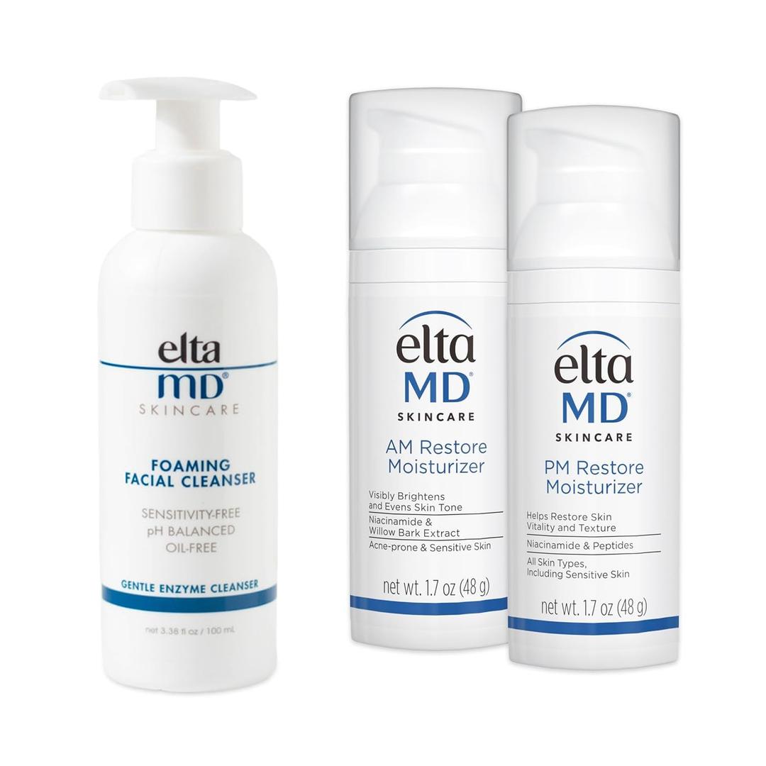 EltaMD AM & PM Moisturizer Facial Kit with Daily Foaming Facial Cleanser, Gentle for Sensitive Skin (1.7 Ounce (2-Pack), 3.4 Ounce)