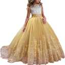 Princess Lilac Long Girls Pageant Dresses Kids Prom Puffy Tulle Ball Gown (6, Gold)