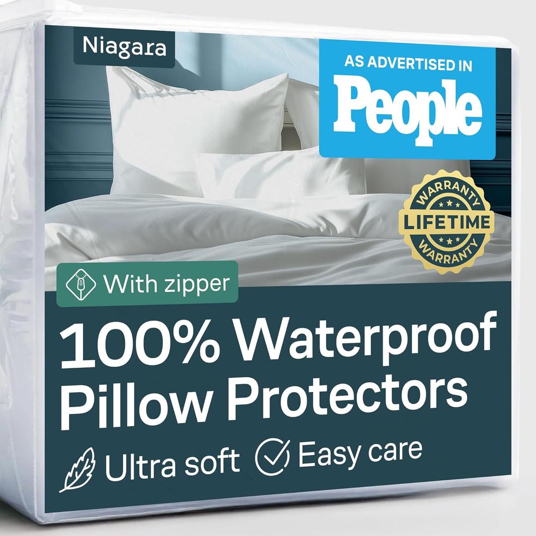 Niagara 2 Pack Waterproof Pillow Protectors King 20x36 Inches Smooth Zipper Premium Encasement Covers Quiet Cases Set White