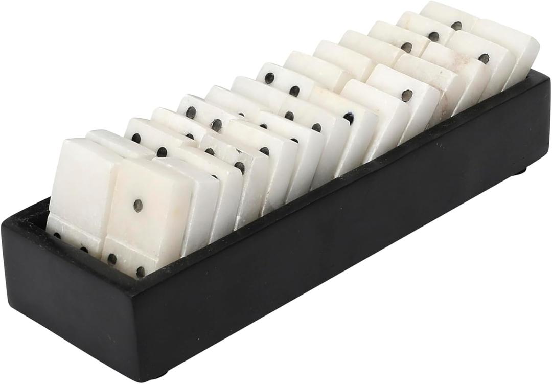 Creative Co-Op Handmade Alabaster Dominos in Soapstone Tray, Black and White