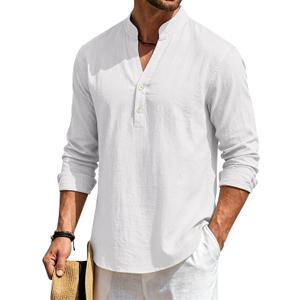 Mens Linen Henley Shirts Casual Long Sleeve Hippie Yoga Tops Lightweight Summer Beach T-Shirt (White, XXL)