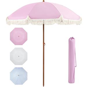 Aoxun 7ft Patio Umbrella with Fringe Outdoor UV 50+ Protection Picnic Umbrella with Aluminum Pole, Ribs Push Button Tilt and Carry Bag, Pink