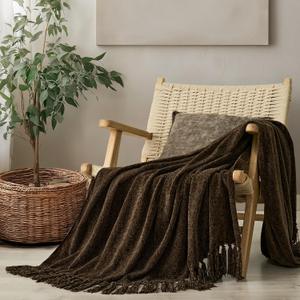 EverGrace Soft Chenille Throw Blanket for Couch, Cozy Plush Fuzzy Decorative Chenille Knit Throw Blanket with Tassels, Lightweight Blanket and Throws for Bed Sofa Gift Home Decor, Dark Brown 50"x60"