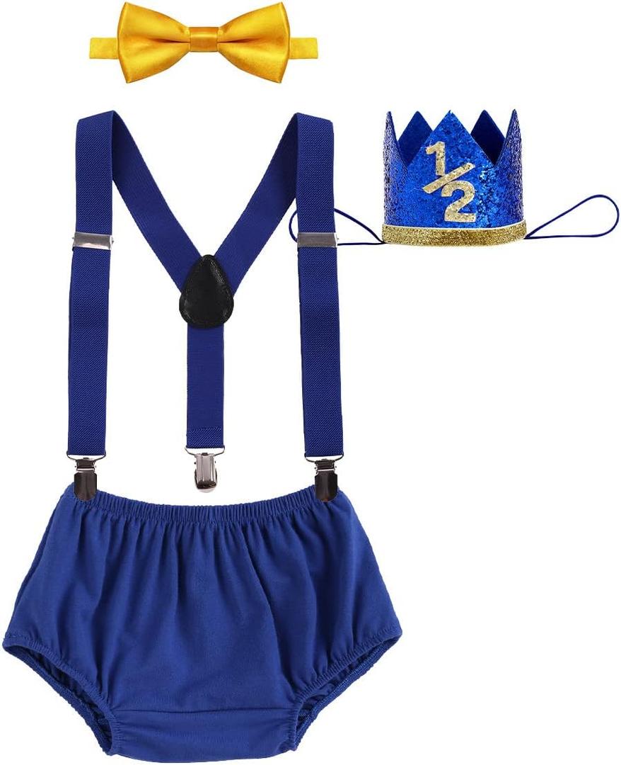 IBTOM CASTLE Baby Boy 1/2 Birthday Cake Smash Outfit Diaper Cover+Suspenders+Bow Tie+Crown Newborn Photography Clothes Set (6-12 Months, Royal Blue+ Yellow Bowtie)