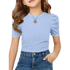 ZDC Girls Puff Short Sleeve T Shirts Kids Summer Ribbed Knit Tops Crewneck Slim Fit Workout Tee, 140 (Blue)
