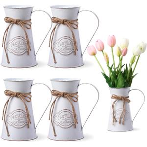 Chumia 4 Pcs Metal Pitcher Jug Vase for Flower Farmhouse Rustic Milk Can 7. 87 Inch Flower Vintage Vase Pitcher Decor Kitchen Bathroom Decor for Home (White)