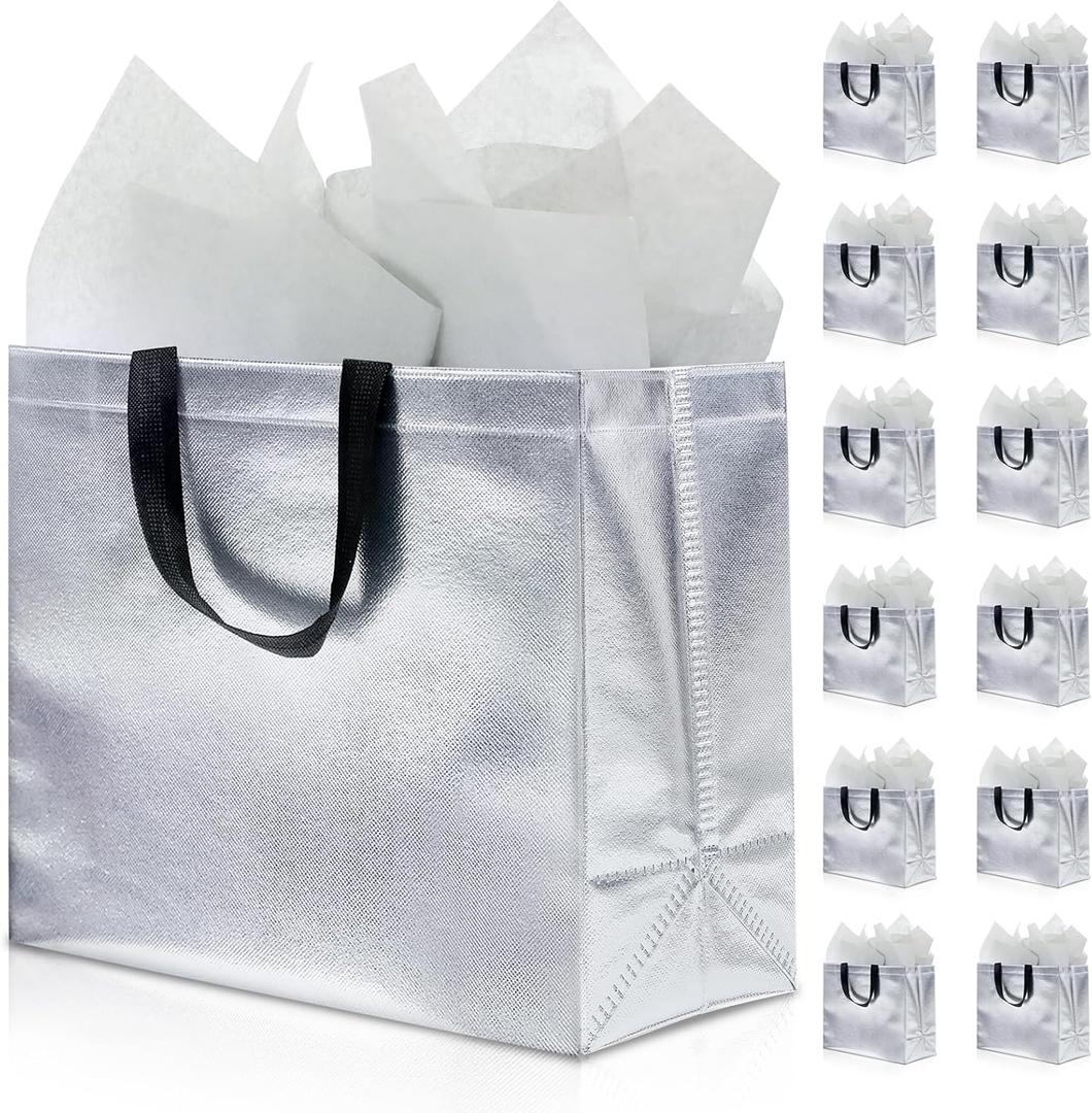 KeerxunBag 12Pcs Reusable Gift BagsIncludes Tissue Paper Gift bag with handle Birthdays Parties Holidays Weddings Medium 13x5x11in Silver Gift Bags