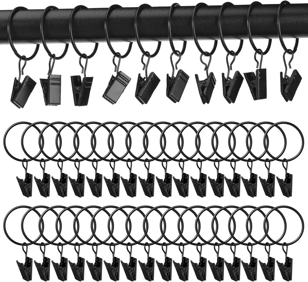 Geelin 200 Pack Metal Curtain Rings with Clips Curtain Clip Rings Hooks Black Hanger Clips for Hanging Drapery Shower Curtain Clips Decorative Curtain Rod Clips Hangers, 1.18 Inch Interior Diameter
