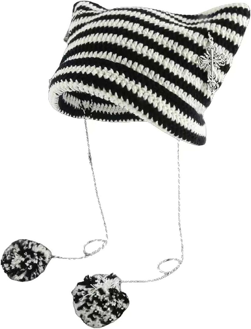 Y2k Beanies Crochet Knitted Cat Hats Goth Cross Devil Hat Striped Alt Emo Accessories Grunge Y2k Aesthetic Clothes